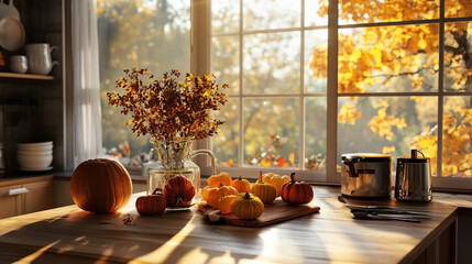 Autumn decor with pumpkins and yellow leaves in kitchen. 