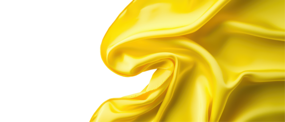 Flowing yellow silk fabric close up showcasing smooth texture and elegant folds in bright lighting. Isolated on transparent background, png.