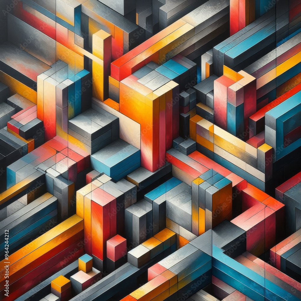 Poster a vibrant and colorful abstract urban landscape composed of geometric shapes and patterns. the bold 