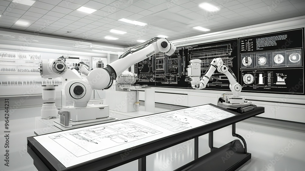 Poster advanced robotic arms in a futuristic laboratory setting with detailed schematics displayed on high-