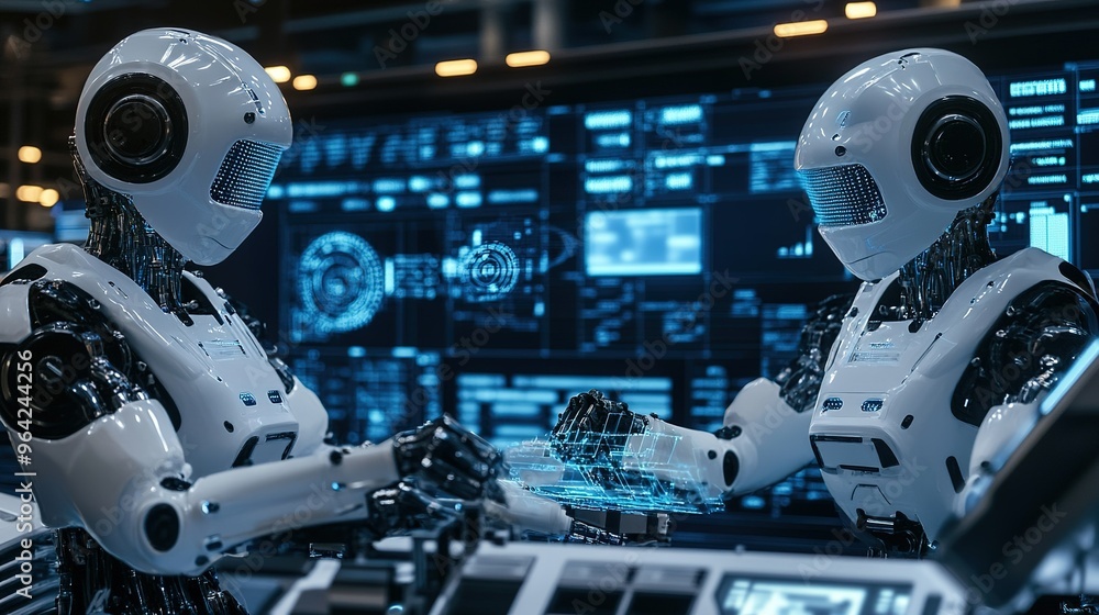 Poster robots collaborating in a high-tech laboratory filled with digital displays and advanced technology 