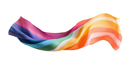 Fototapeta premium Colorful wavy fabric with rainbow stripes, displaying a flowing, dynamic texture in bright hues and curved lines. Isolated on transparent background, png.