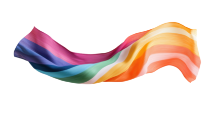 Colorful wavy fabric with rainbow stripes, displaying a flowing, dynamic texture in bright hues and curved lines. Isolated on transparent background, png.
