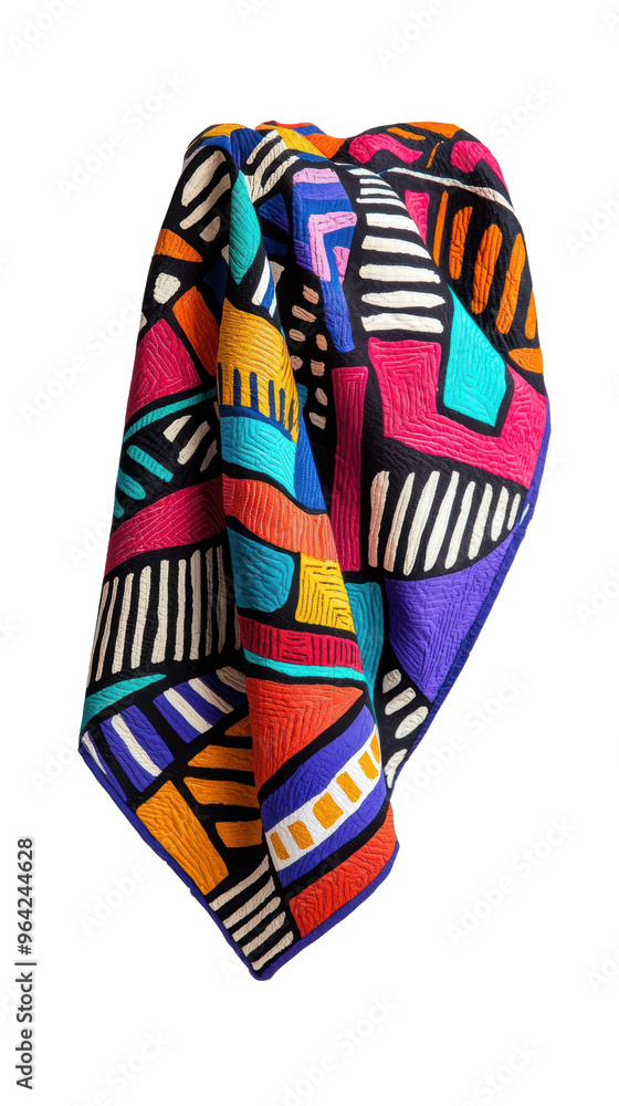 Poster bold geometric multicolor fabric with abstract patterns, featuring vibrant shapes and strong contras