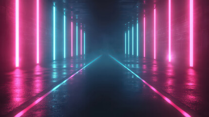 Neon blue and pink lights in a futuristic hallway, with reflections.