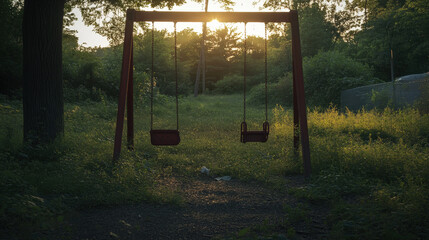 Abandoned Memories: Empty Swing Set in Desolate Playground at Dusk