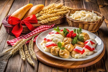 A Variety Of Traditional Polish Dishes Presented On A Plate Decorated With Red And White Ribbons, A Flag, And Wheat.