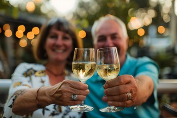A cheerful couple toasts with glasses of white wine, smiling warmly in an outdoor setting decorated with soft evening lights.