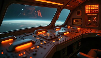 Spaceship Interior Control Panel with Earth View.