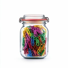 Glass Jar Filled with Colorful Paper Clips on White Background