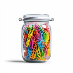 Glass Jar Filled with Colorful Paper Clips on White Background