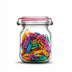 Glass Jar Filled with Colorful Paper Clips on White Background