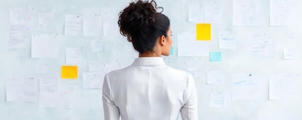 Businesswoman standing at a whiteboard, explaining complex ideas to engaged colleagues, thought leadership concept