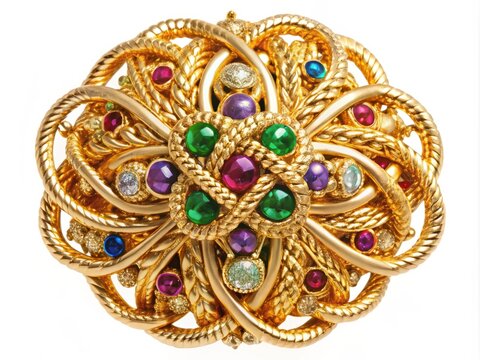 Gold baroque knot adorned with precious gems and symmetrical patterns, echoes ornate Milanese Renaissance art, embodies opulence and exclusivity