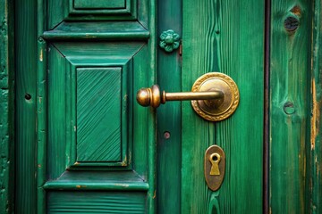 A Vibrant Forest Green Wooden Door With A Keyhole And Brass Handle Stands Slightly Ajar, Inviting Entry Into A Hidden Realm.