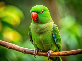 A Vibrant Green Parakeet Perched On A Branch, Looking Curiously Towards The Camera With Its Piercing Eyes.
