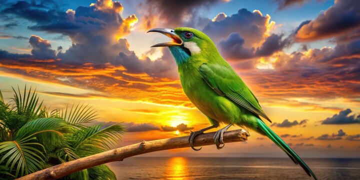 A Vibrant Green Bird Perched On A Branch With Mouth Wide Open In A Beatboxing Pose Against A Tropical Sunset Sky