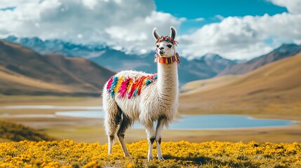 Llama with Colorful Adornments in Mountainous Landscape