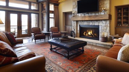 A cozy transitional family room with a combination of traditional and contemporary furniture, a stone fireplace, and layered rugs