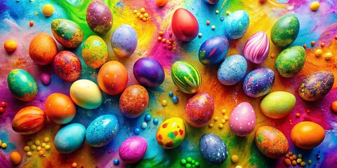 Fototapeta premium Vibrant abstract Easter wallpaper with colorful splatters and bold lettering saying Happy Easter