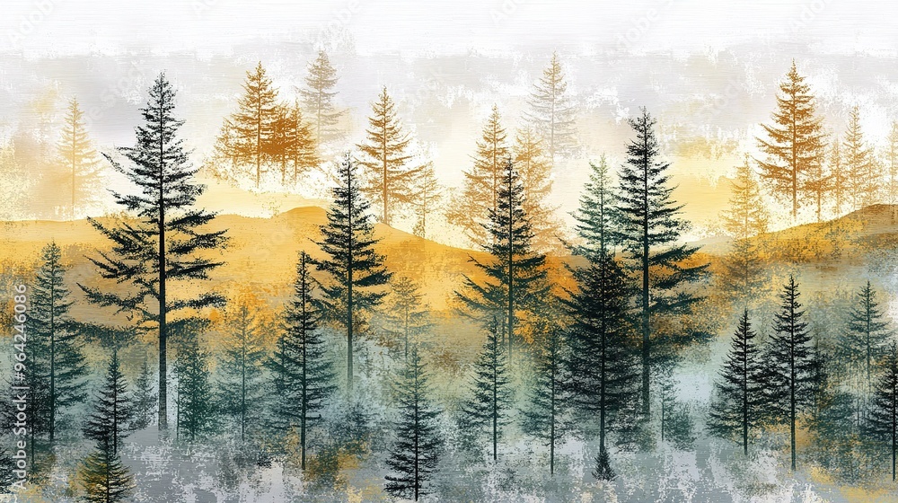 Poster a tranquil forest landscape at dawn with mist enveloping evergreen trees and a gradient of warm colo