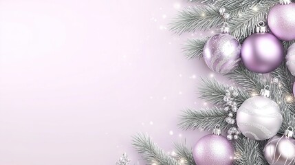 Obraz premium Decorative purple and silver Christmas ornaments on a wintery background with pine branches and soft lighting