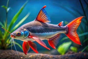 Fototapeta premium A vibrant red-tailed catfish swims in a crystal-clear aquarium, its whisker-like barbels and striking red tail fin illuminated against a soft, dark blue aquatic background.