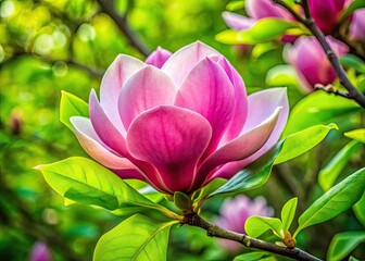 A Vibrant Pink Magnolia Flower Blooms Amidst Lush Green Leaves, Symbolizing The Beauty And Vitality Of Spring.