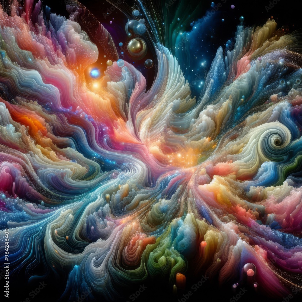 Poster mesmerizing abstract art depicting a colorful swirl of cosmic energy and stars. the vibrant hues and