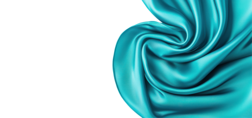 Twisted turquoise satin fabric with a smooth texture, featuring elegant folds and glossy, vibrant sheen. Isolated on transparent background, png.