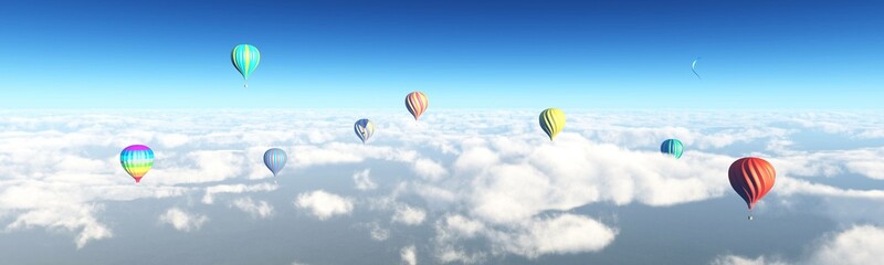 Cloudscape with balloons, balloons flying against the background of clouds, 3d rendering