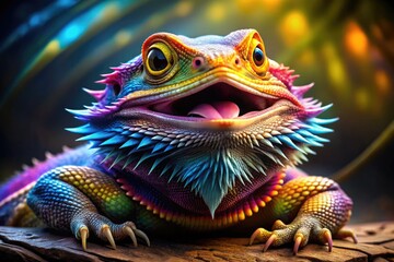 Fototapeta premium A Whimsical Cartoon Illustration Depicting An Anthropomorphic Bearded Dragon With A Vibrant And Expressive Demeanor, Rendered In Vivid Colors And Playful Details.