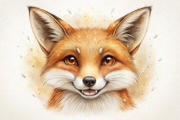 Fototapeta premium A whimsical, hand-drawn illustration of a fox's face with pointed ears, bushy eyebrows, and a sly smile, surrounded by subtle textures and natural tones.