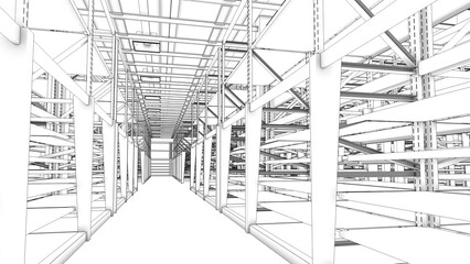 Drawing of warehouse storage interior with empty racks. 3d illustration