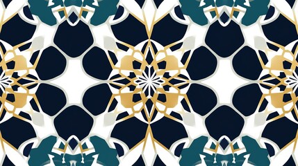 Fototapeta premium Intricate geometric pattern featuring teal, gold, and white colors in a symmetrical design suitable for modern decor or textiles