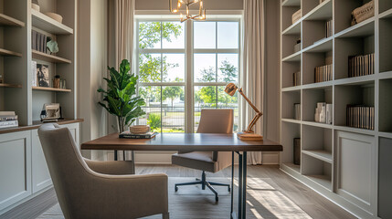 A home office designed in a transitional style, with a sleek modern desk, traditional armchair, built-in bookshelves, and elegant lighting.