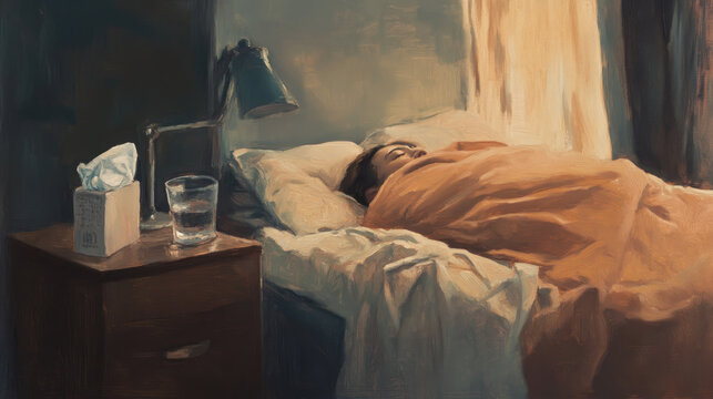 Serene Rest - Oil Painting of Person in Bed with Tissue Box and Glass of Water in Dimly Lit Room
