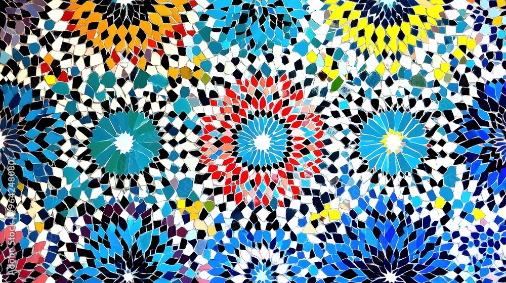 Poster vibrant mosaic artwork showcasing intricate floral patterns in a stunning array of colors and design