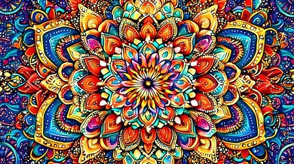 Vibrant mandala design featuring intricate patterns and bright colors on a dark background, showcasing artistic creativity and detail
