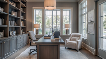 A home office designed in a transitional style, with a sleek modern desk, traditional armchair, built-in bookshelves, and elegant lighting.