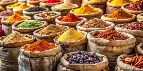 Fototapeta premium Colorful display of Indian spices in burlap sacks at market