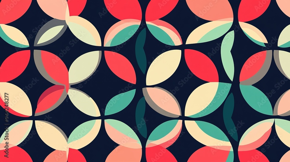Poster colorful abstract pattern featuring overlapping shapes on a dark background, ideal for modern design