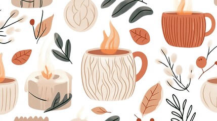 Cozy autumn-themed pattern with warm drinks and natural elements featuring mugs and leaves in earthy tones