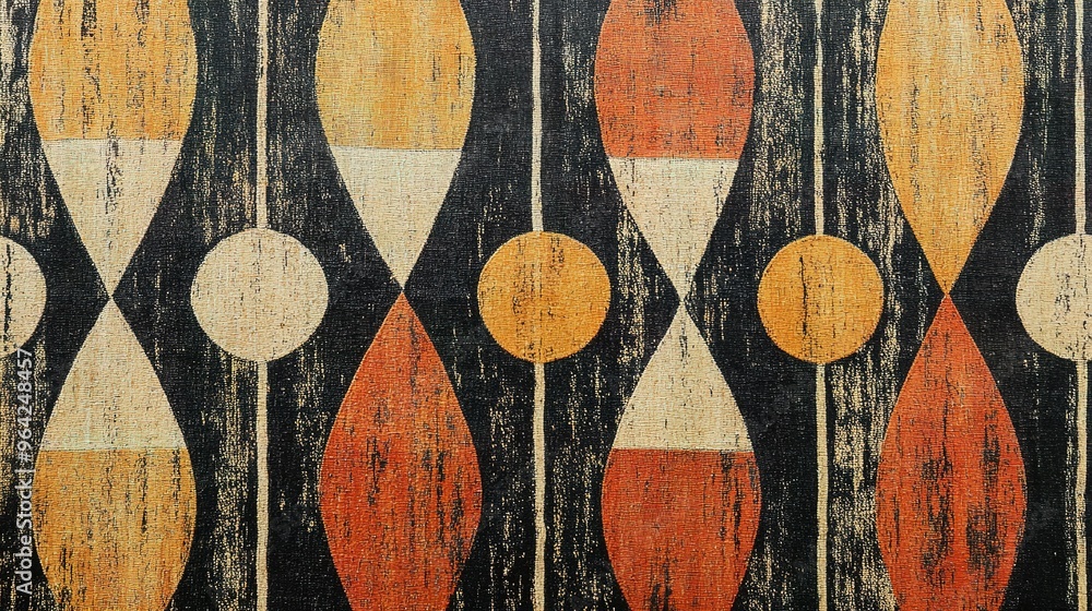 Poster colorful abstract pattern featuring teardrop shapes and circles on textured fabric with a vintage ae