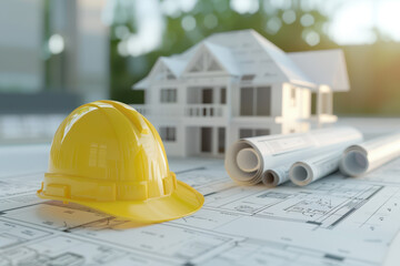 Illustration of house model, yellow helmet on construction plans with blueprints in background