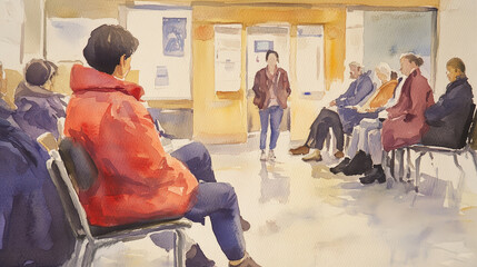 Contemplating Ailments - Watercolor Portrait of Patients Waiting in Doctor's Office with Anxious and Bored Expressions