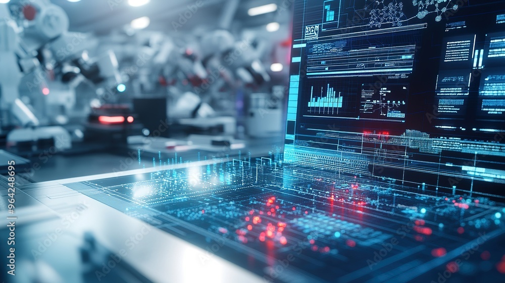 Poster advanced technology interface showcasing data analysis in a robotics lab during daytime