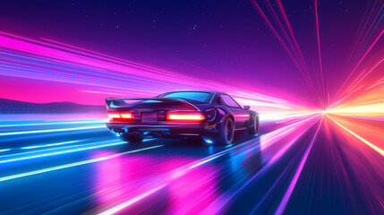 Obraz premium Car ride on the neon road in retro synthwave style. Vaporwave. Illustration