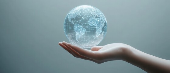A glowing, transparent digital globe rests on an outstretched hand, symbolizing global connectivity and technology in a modern, minimalist style.