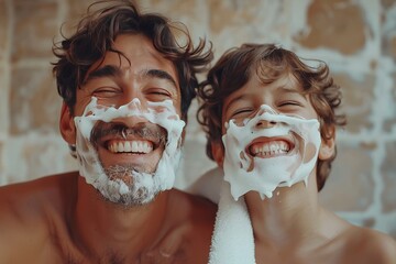 Laughing Father and Son Bonding, Enjoying Morning Routine Together While Applying Shaving Foam.